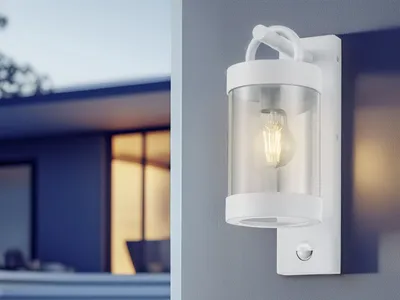 An outdoor wall light with a motion sensor is mounted on a gray wall next to a house.