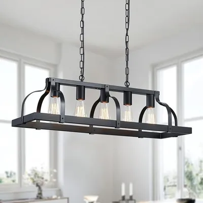 Obrázek produktu pro Imitační lustr s texturou dřeva, lineární závěsné svítidlo, stropní osvětlení, rustikální design, vhodné do kuchyně, jídelny nebo nad ostrůvek, patice E27, barva černá