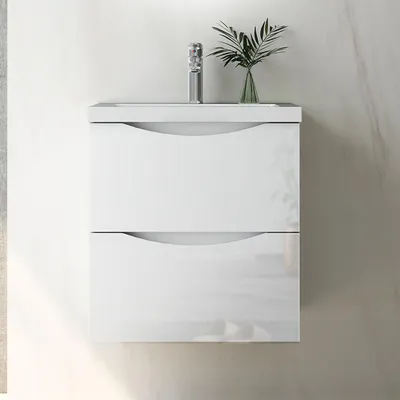 Produktbild von Badmöbel Set 50 cm Smiley Hochglanz Weiß Waschbecken mit Unterschrank Hängeschrank Softclose