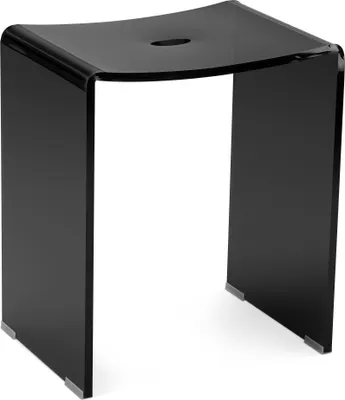 A black acrylic shower stool is shown against a white background.
