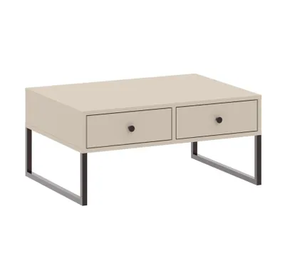 A beige coffee table with two drawers and dark gray metal legs, presented on a white background.