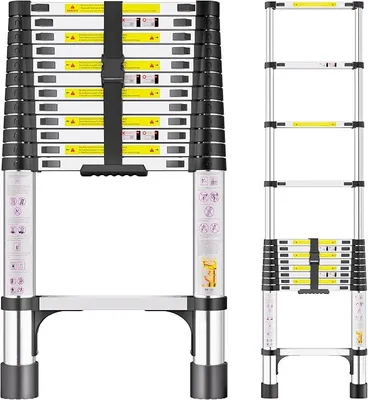 Imagen del producto de Escalera telescópica de 3,8 metros, fabricada en acero inoxidable de alta resistencia, reforzada y extensible. Escalera portátil y extensible con pies antideslizantes, ideal para techos, áticos, caravanas, con una capacidad de carga de 150 kg
