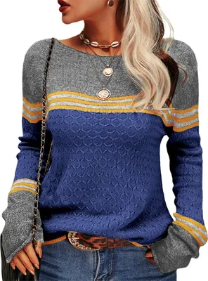 Produktbild von AKSA Damen Strickpullover Pullover Herbst Winter Langer Oversize Pulli Sweater Langarm Duenne Elegant Rundhals Sweatshirt Casual Winterpullover,Dunkelblau,3XL