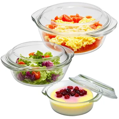Image de Lot de 3 plats à gratin ronds en verre avec couvercle, plats en verre borosilicaté allant au four d'une contenance de 0,7 l / 1,5 l / 2 l, plats en verre résistants à la chaleur pour la viande, les lasagnes et autres plats.