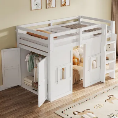 Immagine prodotto di Letto a castello Flieks 90x200 cm con armadio integrato, lettino con finestre, letto a soppalco singolo con rete a doghe e scaletta, bianco