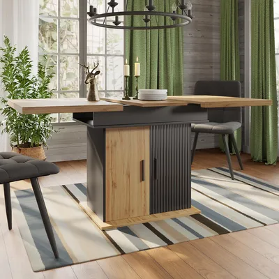 Produktbild von AIORBER Esstisch ausziehbar 110-140x80cm, klappbarer Teleskoptisch für 4-6 Personen mit Stauraum im Retro-Stil, Schwarz+Natur