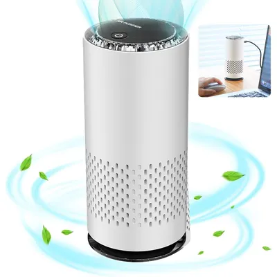An air purifier with swirling air and leaves, and an inset image of it connected to a laptop.