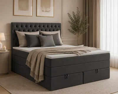 Produktbild von MODERN ROOM Boxspringbett mit Bettkasten LIOX 160x200 cm H3 Samtstoff Polsterbett Matratze und Topper Doppelbett Bett für Schlafzimmer dunkelgrau, KI-generiertes Bild