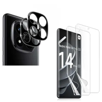 A collage showing a smartphone camera lens protector and screen protectors for a Xiaomi Redmi Note 14 Pro Plus 5G.
