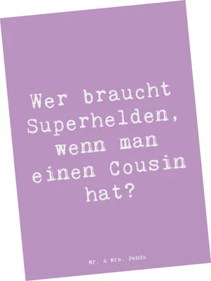 Produktbild von Mr. & Mrs. Panda Postkarte Spruch Cousin Held - Lavendeltraum - Geschenk, Unterstützung, Verwandtschaft, spruchkarte, Helden, Ansichtskarten, Geschenke, Grußkarte