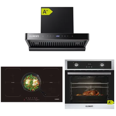 Produktbild von KB ELEMENTS Sparset, Einbauherd Set, Herdset, Induktionskochfeld 90cm 9400 Watt, Dunstabzugshaube 90cm 1350 m³/h, Backofen 60cm 70 Liter, EEK A+