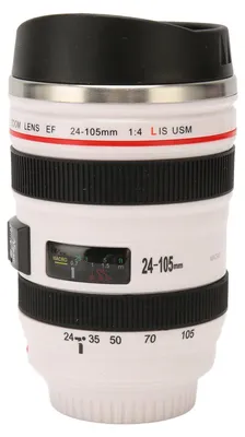 Produktbild von Kaffeetasse aus Edelstahl mit Kameraobjektiv-Motiv – Fotografen-Tasse, Reisebecher mit Deckel für Damen und Herren, Edelstahl-Innenauskleidung, weiß