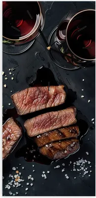 Produktbild von Wanduhr aus Glas mit Motiv Steak und Rotwein- 30 x 60 cm - inkl. Aufhängesystem