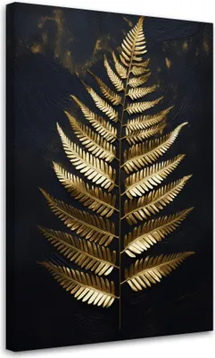 Image de Toile fougère Feuille dorée sur fond noir 80x120 Feeby Gold image pour le mur prête à accrocher