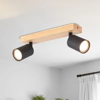 Productafbeelding van LVWIT LED plafondlamp met 2 lampen, moderne schwenkbare plafondspot, houten plafondlamp in zwart, GU10 plafondlamp met spots, geschikt voor keuken, slaapkamer en woonkamer (zonder lampen)