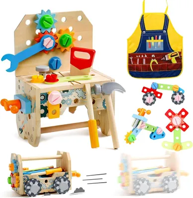 Produktbild von Holz Werkzeugkoffer 52 Stücke, für Kinder ab 2 Jahre, Spielzeug Werkbank, Montessori Werkzeug
