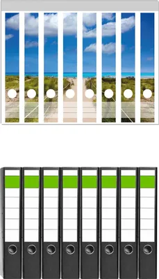 Produktbild von Wallario 8 Stück schmale Ordner inkl. Klebeetiketten mit Motive Sandweg zum blauen Meer mit blauem Himmel -  Set mit Rückenschildern / Ordnerrücken Stickern