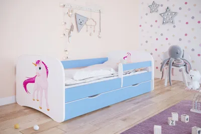 Produktbild von Kinderbett Jugendbett 70x140 cm Blau mit Matratze Rausfallschutz Schublade und Lattenrost Kinderbetten für Mädchen und Junge - Einhorn_2
