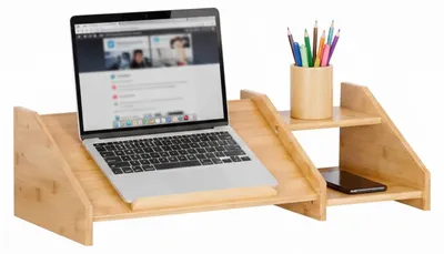 Image de Support en bambou pour ordinateur portable avec tablettes latérales, à poser sur un bureau