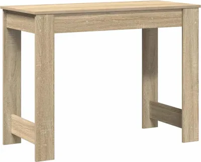 A simple, light brown wooden desk against a white background.