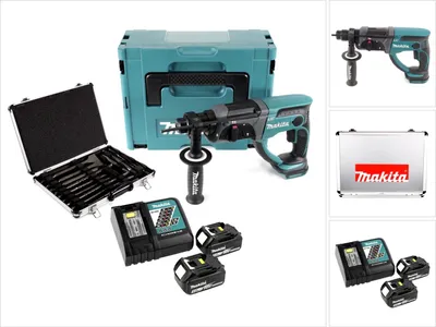 Produktbild von Makita DHR 202 RTJ 18 V Akku Kombihammer SDS-Plus im Makpac + 2x 5,0 Ah Akku + DC18RC Ladegerät + D-42444 SDS-Plus Bohrer-Meißel-Set 17 tlg. im Alu Koffer