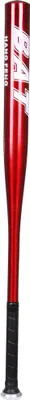 A red baseball bat with black grip.