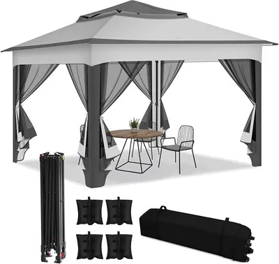 Produktbild von Pavillon 3x3m Wasserdicht Stabil, Doppeldach GartenPavillion, mit moskitonetz Metallrahmen, Plane Partyzelt Gazebo für 2-4 Personen (Grau)