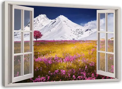 Produktbild von Leinwandbild fenster - verschneite berge 90x60 cm Feeby gelb wandbild bereit zum aufhängen