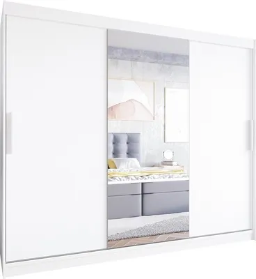 A white sliding door wardrobe with a mirrored center panel, reflecting a bedroom scene with a bed and artwork.