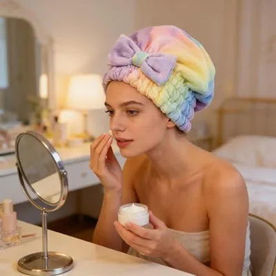 Produktbild von Saugfähiges Haartuch Mit Schleifen Design Kuschelflanell Haarturban Mit