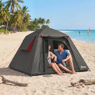 Produktbild von Campingzelt 2 Personen, Kuppelzelt wasserdicht 3000mm, Polyester Fiberglas, Dunkelgrau | 210x210x150 cm | 2 Türen | 4,5 kg