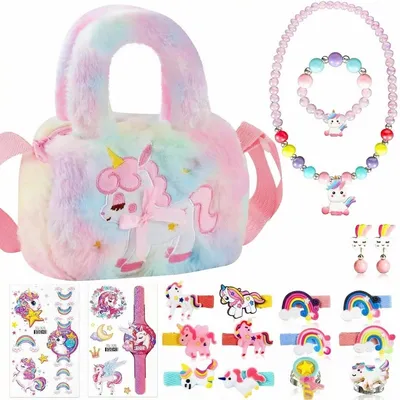 Produktbild von Minicee Einhorn Tasche mit Schmuckset für Mädchen – 10-teiliges Set