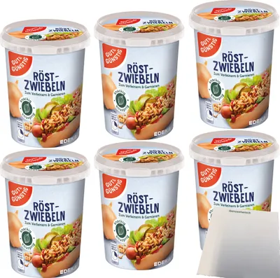 Produktbild von Gut & Günstig Röstzwiebeln knackig & knusprig 6er Pack (6x150g Dose) + usy Block