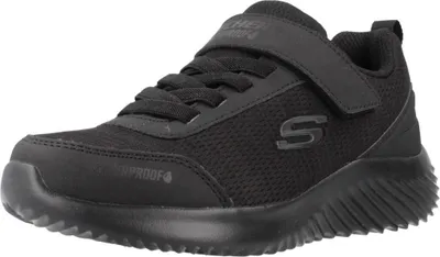 A black Skechers sneaker for boys is shown from a side angle against a white background.