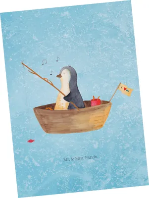 Produktbild von Mr. & Mrs. Panda Postkarte Pinguin Angelboot - Eisblau - Geschenk, Trennung, Optimistisch, Grußkarte, Boot, Motivation, bildkarte, Postkarten, Angeln, Ansichtskarten