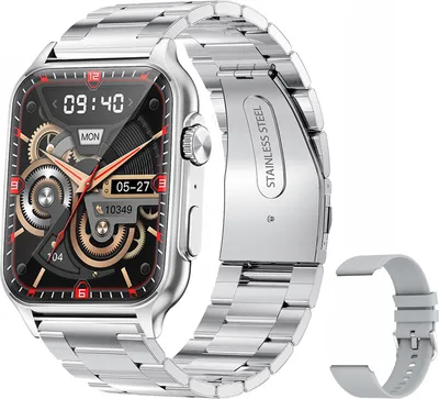 Image de KT64 Smartwatch à écran tactile IPS de 1,96 pouce, BT5.2 | IP67 étanche | Chargement magnétique | Assistant vocal intelligent | Surveillance de la santé | Appel clair, bracelet en acier inoxydable, gris argenté