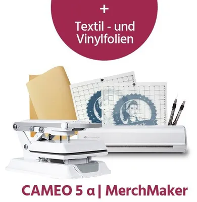 Produktbild von Silhouette Schneideplotter Cameo 5a + MerchMaker Starterset mit Plotter & Transferpresse – Plotten, Textildruck, Transferfolien, T-Shirts & DIY