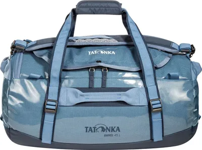 A blue Tatonka barrel bag is shown against a white background.