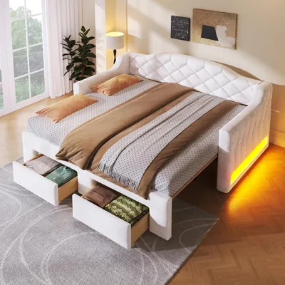 Produktbild von okwish Schlafsofa 90/180x200 Polsterbett Kinderbett mit zwei Schubladen Einzelbett Bettgestell mit LED-Beleuchtung und Stauraum Grau (mit Matratze)