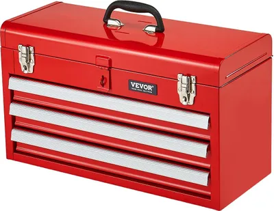 A red metal toolbox with three drawers is shown from a front-diagonal angle against a white background.