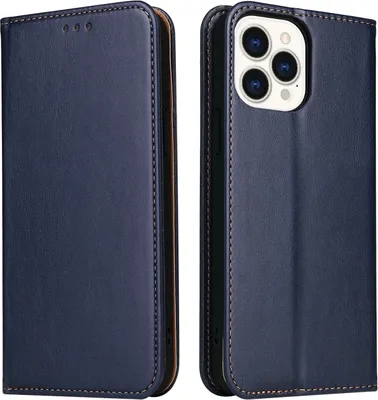 Image de Pour iPhone 14 Pro Fierre Shann étui téléphone en cuir véritable texturéPolyuréthane(Bleu)