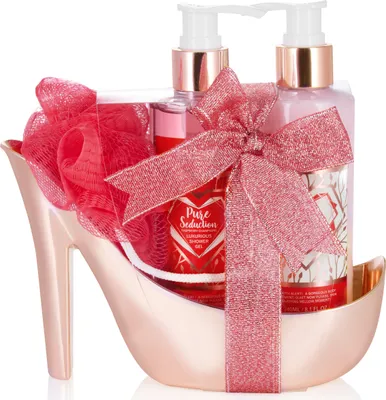 Immagine prodotto di BRUBAKER Cosmetics Set da bagno e doccia 4 pezzi Lampone Champagne - Set regalo per la cura in oro rosé a tacco alto