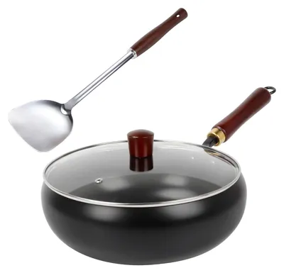Zdjęcie produktu dla Omgoods - Żeliwna patelnia ręcznie kuta, bez powłoki, z szklanym pokrywką, 28 cm - zdrowe gotowanie
