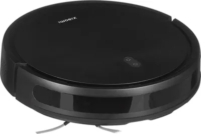 A black Xiaomi robot vacuum cleaner is shown from a slightly elevated side angle on a white background.