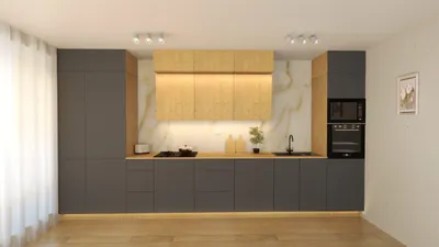 Produktbild von Küchenzeile – Küchenblock – Einbauküche – Komplettküche – Singleküche – Nexa – KÜ03 – 460 cm – Woodline & Grau Matt Ohne Arbeitsplatte & Elektrogerät
