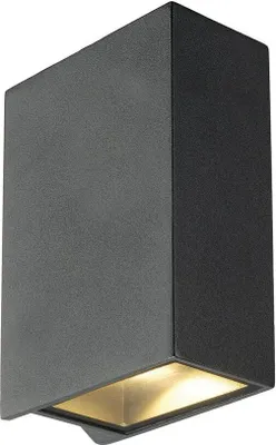 A dark gray, rectangular wall light fixture with a light emanating from the bottom.