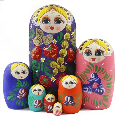 Productafbeelding van Kleurrijke Russische houten poppen met lange - Set van 7 - Matryoshka-pop - Traditionele Babushka-pop - Kerstmis - Feest