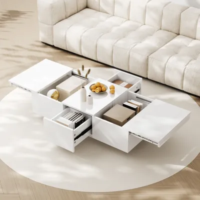 Produktbild von Couchtisch 100x50x31cm, Hochglanz-Wohnzimmertisch mit Push-Pull-Aufbewahrungsstruktur, doppelseitige Schubladen, weiß