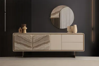 Produktbild von Modernes Beiges Sideboard Designer Rundspiegel Edle Holzmöbel 2tlg