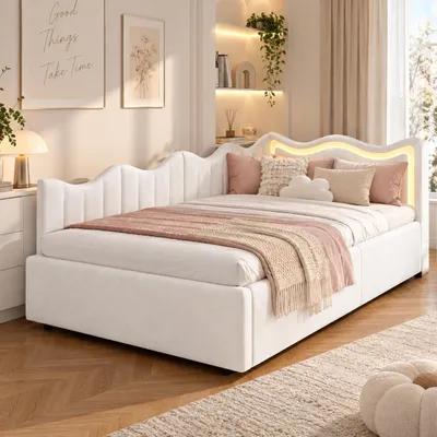 Immagine prodotto di Letto imbottito trasformabile in divano letto, dimensioni 90x200 cm, con illuminazione LED, contenitore a sollevamento idraulico, letto per ragazzi/bambini con testiera e rete a doghe, rivestito in velluto bianco, Immagine generata dall'IA
